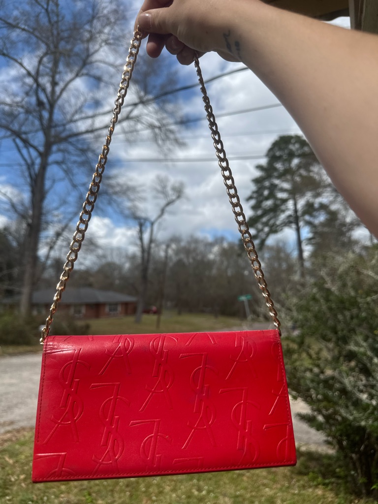 Yves Saint Laurent Red Embossed Monogram Chain Shoulder Bag